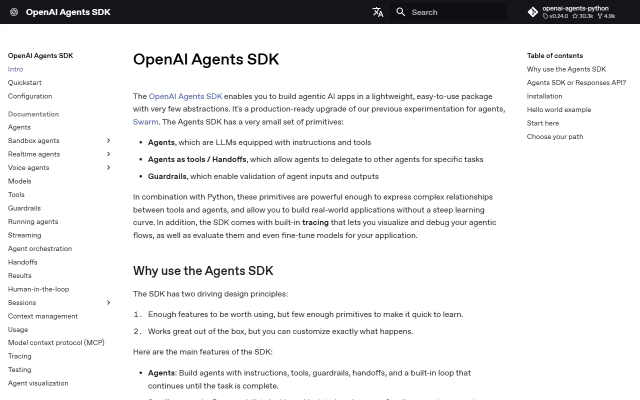 Página inicial da documentação do OpenAI Agents SDK, com as peças básicas do kit: agentes formados por modelo, instruções e ferramentas, delegação entre agentes e guardrails que validam entradas e saídas