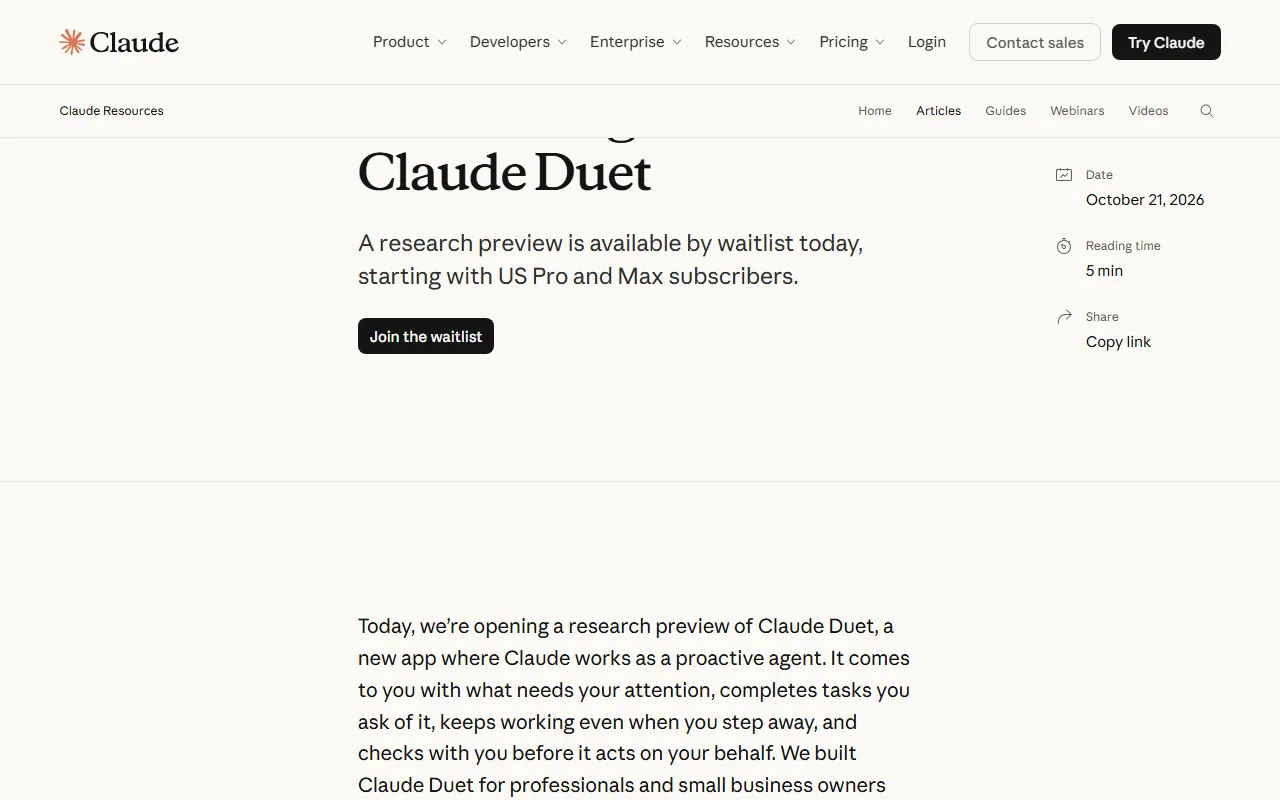 Anúncio do Claude Duet no site claude.com, datado de 21 de outubro de 2026, com a prévia de pesquisa disponível por lista de espera para assinantes Pro e Max nos Estados Unidos e o início do texto que descreve o Claude como agente proativo que pede confirmação antes de agir
