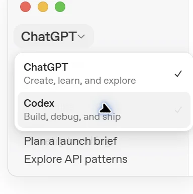 Demonstração oficial do seletor do aplicativo com ChatGPT para pesquisa e criação e Codex para desenvolvimento de software.