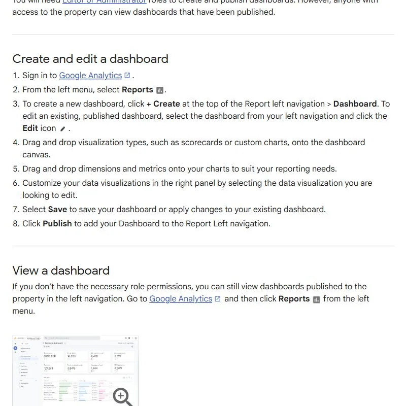 Seção da documentação oficial sobre criação e edição de painéis no Analytics. Referência para o capítulo “Começar pela pergunta de negócio”.