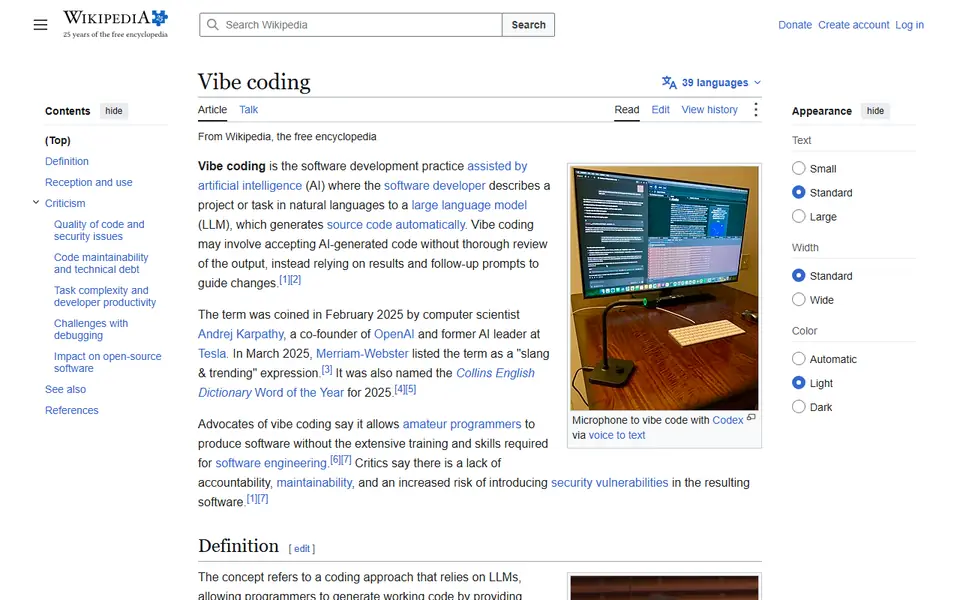 Verbete Vibe coding da Wikipédia em inglês, com a definição do termo e o parágrafo que atribui a criação a Andrej Karpathy em fevereiro de 2025