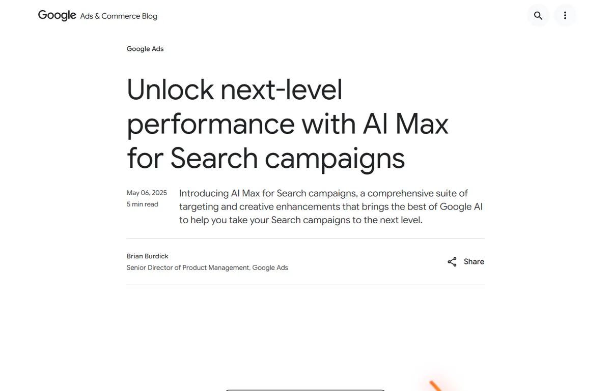 Post oficial do Google de maio de 2025, Introducing AI Max for Search campaigns, com título, data e o resumo do pacote de segmentação e criativos da IA Max.