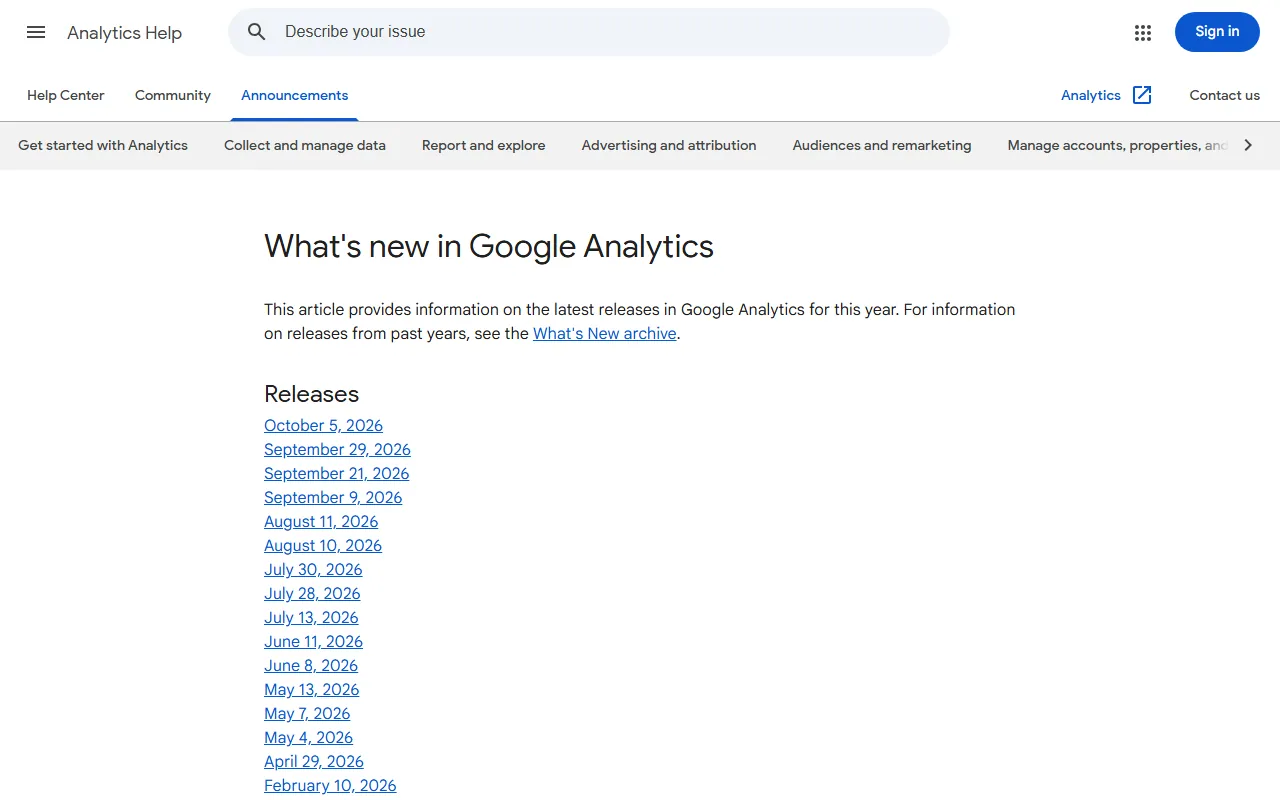 Página What's new in Google Analytics, com a lista de lançamentos de 2026 começando em 5 de outubro, 29 de setembro, 21 de setembro e 9 de setembro