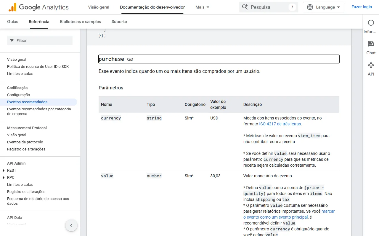 Documentação de eventos recomendados do Google Analytics em português, aberta no evento purchase, com a tabela de parâmetros currency e value