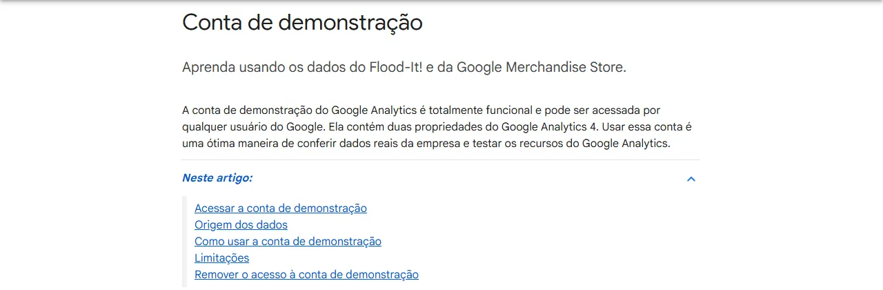 Página de ajuda Conta de demonstração do Google Analytics, com o subtítulo sobre dados do Flood-It! e da Google Merchandise Store e o índice do artigo