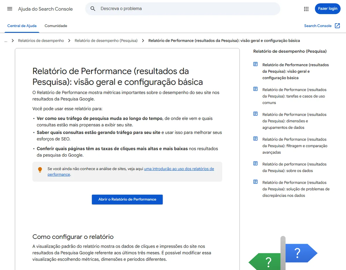 Página de ajuda do Relatório de Performance dos resultados da Pesquisa, com a lista do que o relatório permite ver e o botão para abrir o relatório.