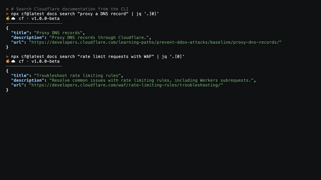 Demonstração pública da Cloudflare CLI no terminal com duas consultas genéricas de documentação e resultados em JSON, sem conta, login ou credenciais
