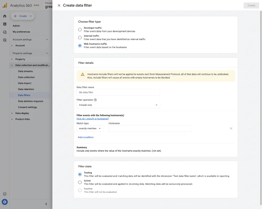 Tela ilustrativa publicada pelo Google para configurar um filtro de tráfego por hostname no GA4, com operação de inclusão, condição de correspondência e opções de estado do filtro.