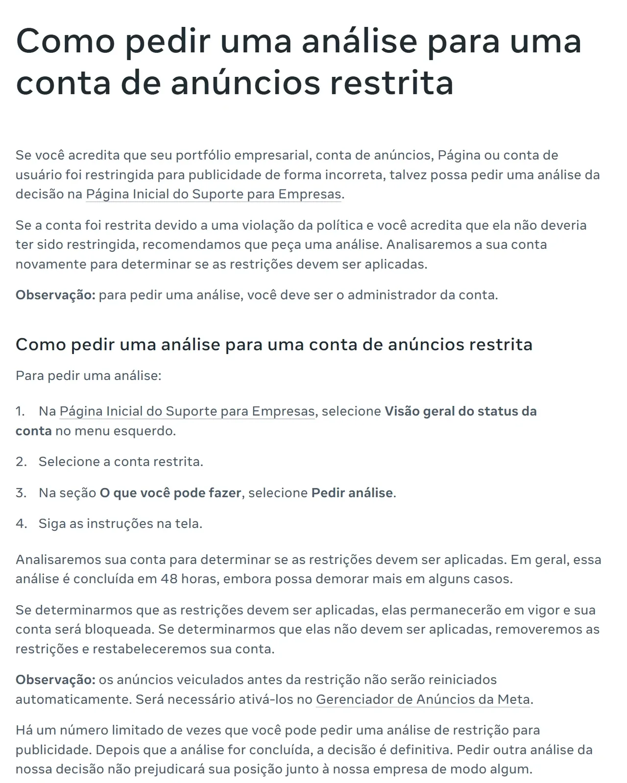 Página da Central de Ajuda da Meta com os passos para pedir análise de uma conta de anúncios restrita: Visão geral do status da conta, selecionar a conta, O que você pode fazer e Pedir análise.