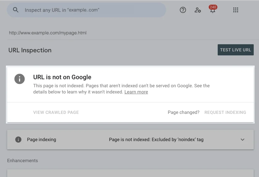 Exemplo oficial da Inspeção de URL do Search Console com uma URL de example.com excluída por noindex e opções de teste ao vivo e solicitação de indexação.