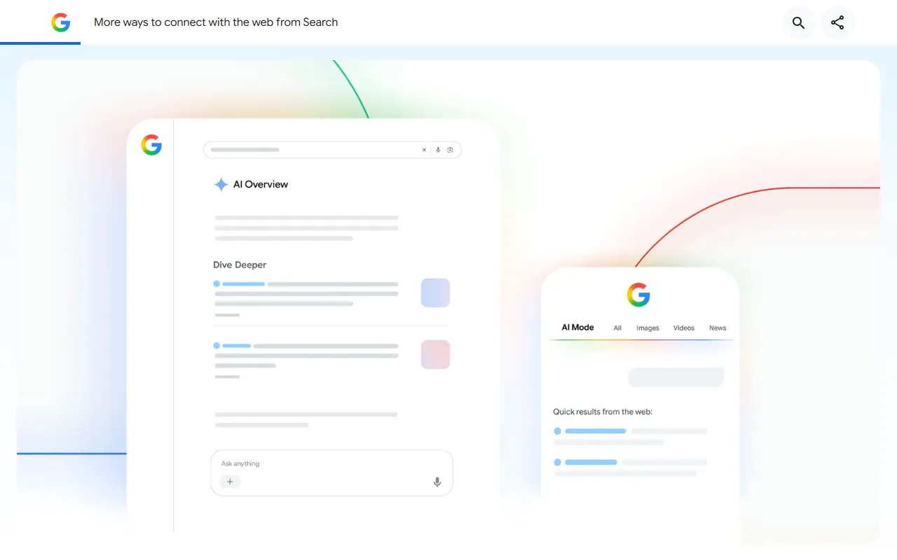 Ilustração do anúncio do Google de 15 de outubro de 2026 com uma Visão geral criada por IA que traz a seção Dive Deeper com links e miniaturas e, ao lado, um celular com o Modo IA mostrando resultados rápidos da web