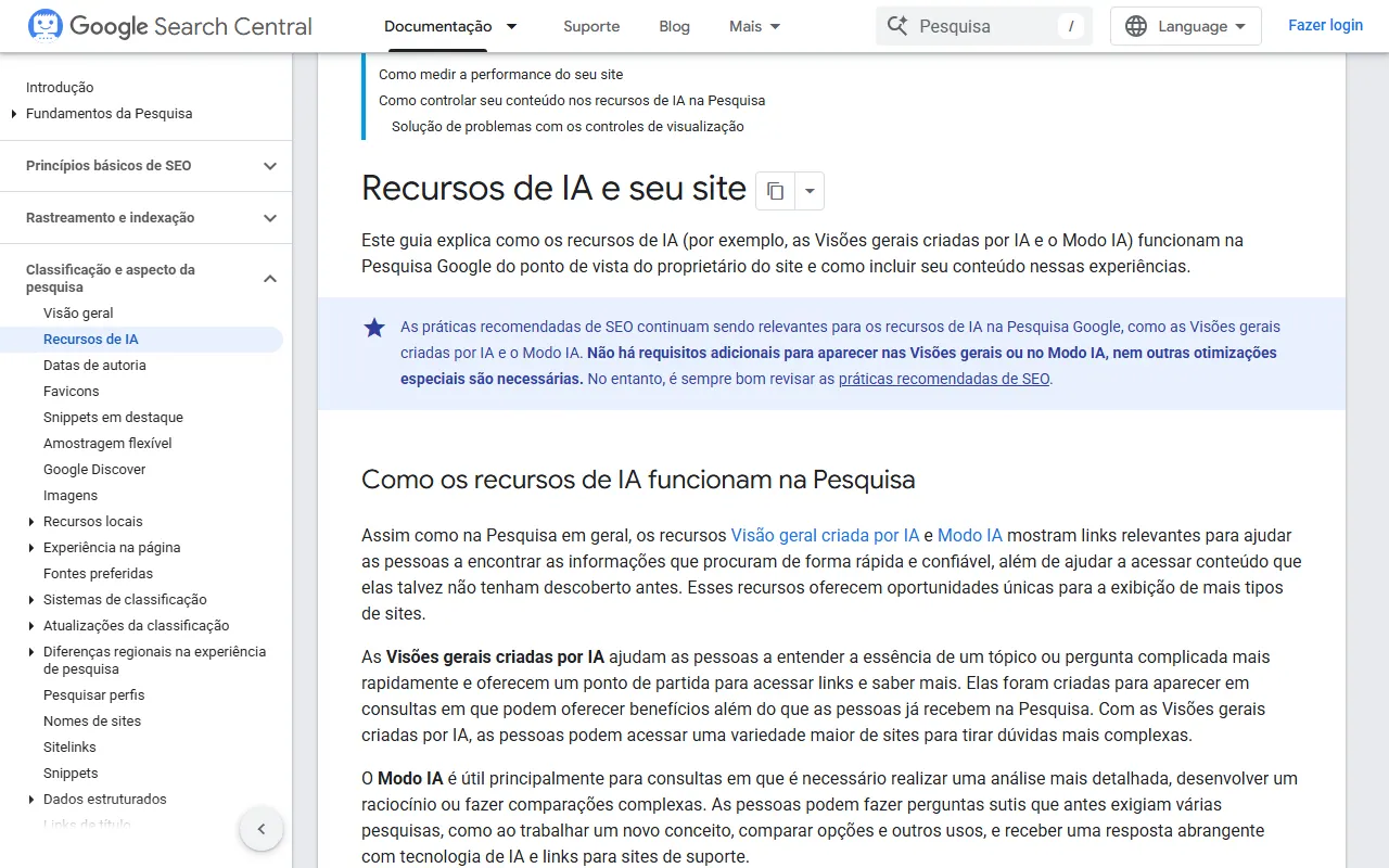 Página Recursos de IA e seu site, da Central da Pesquisa Google em português, com o destaque de que não há requisitos adicionais para aparecer nas Visões gerais ou no Modo IA, nem outras otimizações especiais