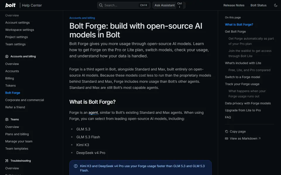 Central de ajuda do Bolt na página Bolt Forge: build with open-source AI models in Bolt, que apresenta o Forge como terceiro agente ao lado de Standard e Max e lista modelos abertos como GLM 5.3, Kimi K3 e DeepSeek v4 Pro.