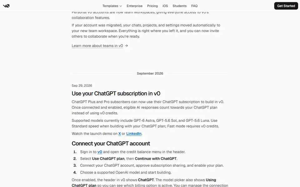 Changelog do v0 com a entrada de 29/09/2026, Use your ChatGPT subscription in v0, que explica que assinantes do ChatGPT Plus e Pro podem construir no v0 com o próprio plano e lista os passos para conectar a conta.